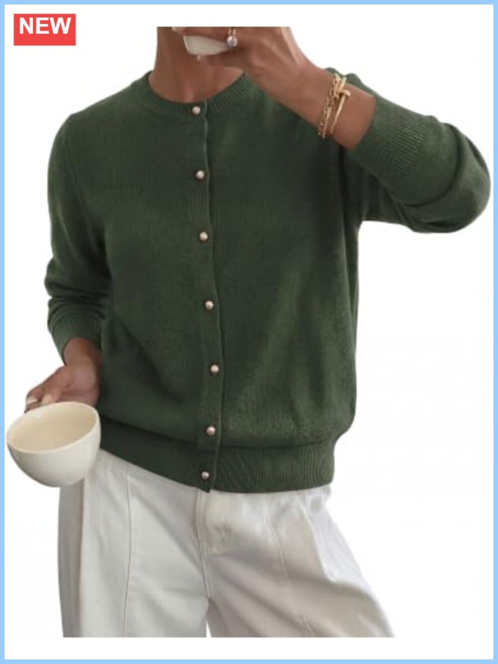 Womens Button Up Cardigan Soft Knit Crew Neck Long Sleeve Fall Layering Sweater